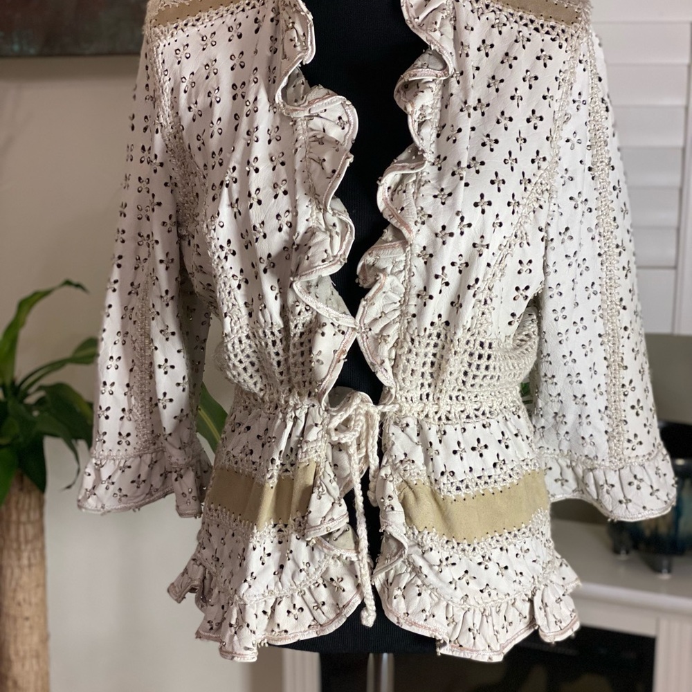 White Eyelet laser cut Leather Ruffle Jacket